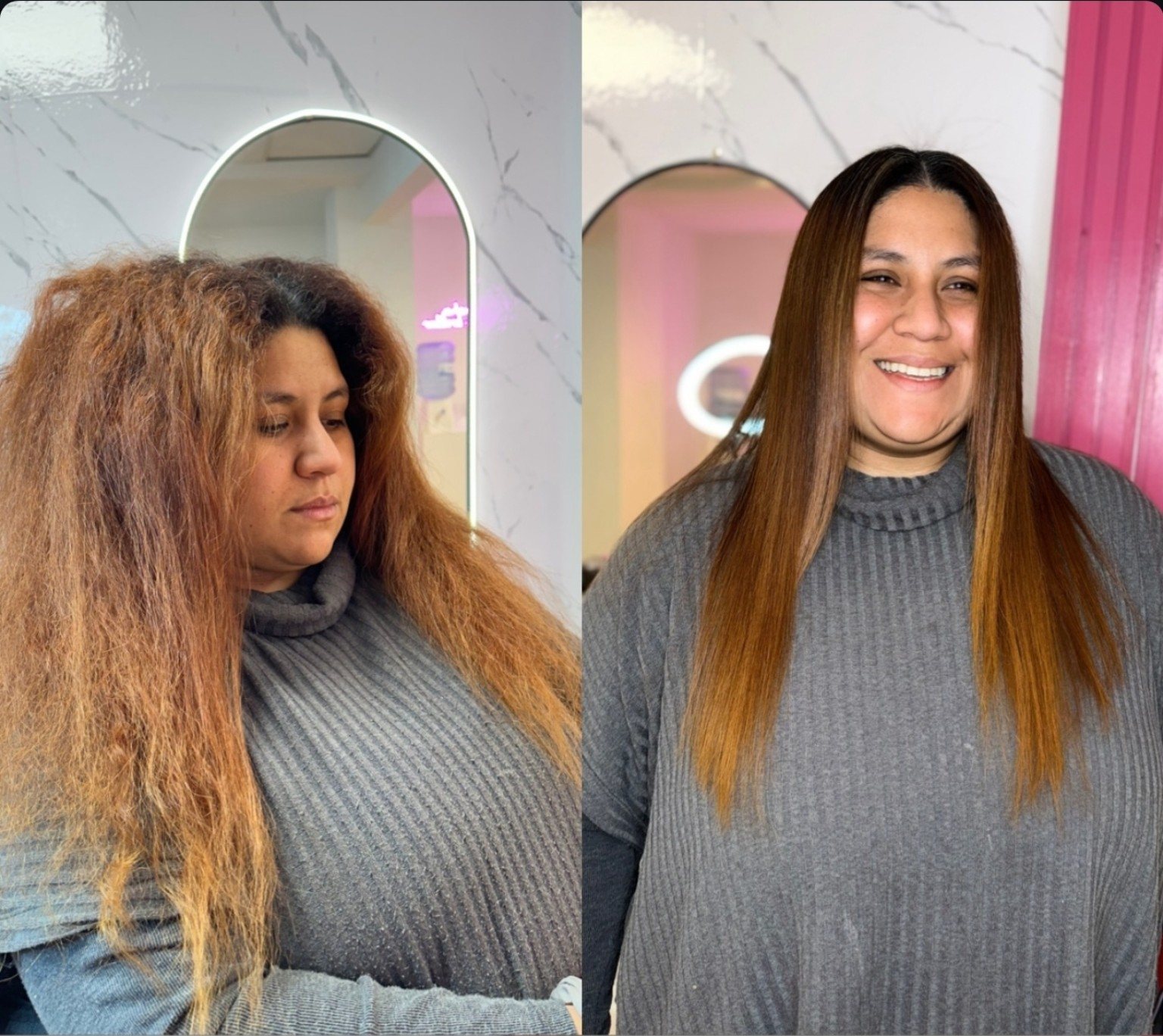 Antes y después en cabello con volumen y lacio