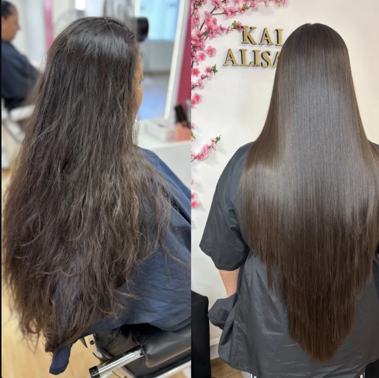 Antes y después de cabello largo oscuro
