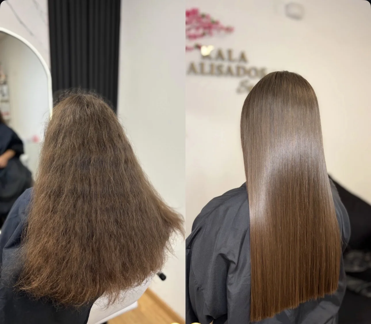 Antes y después de cabello largo con frizz
