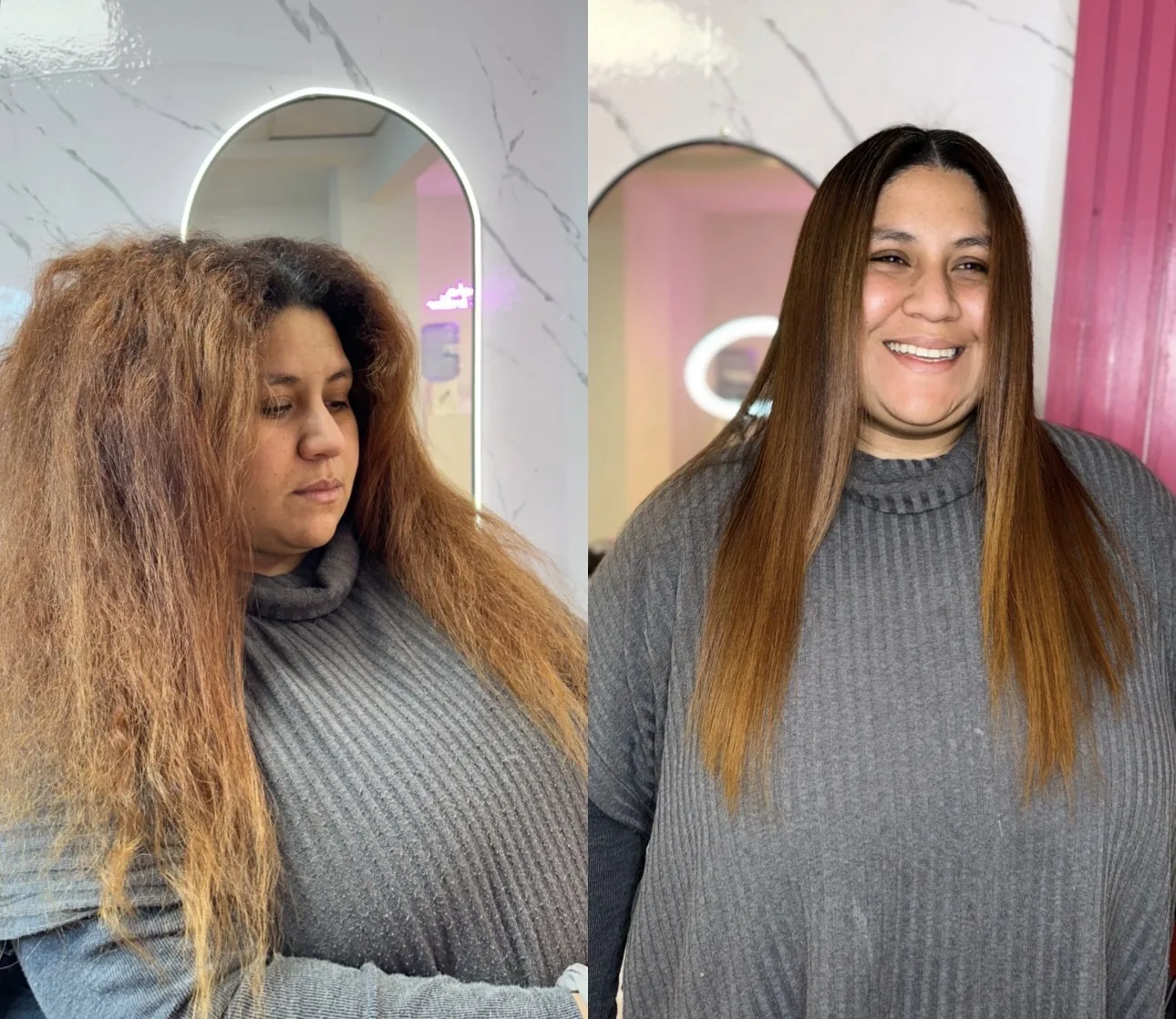 Antes y después de cabello cobrizo con rostro visible